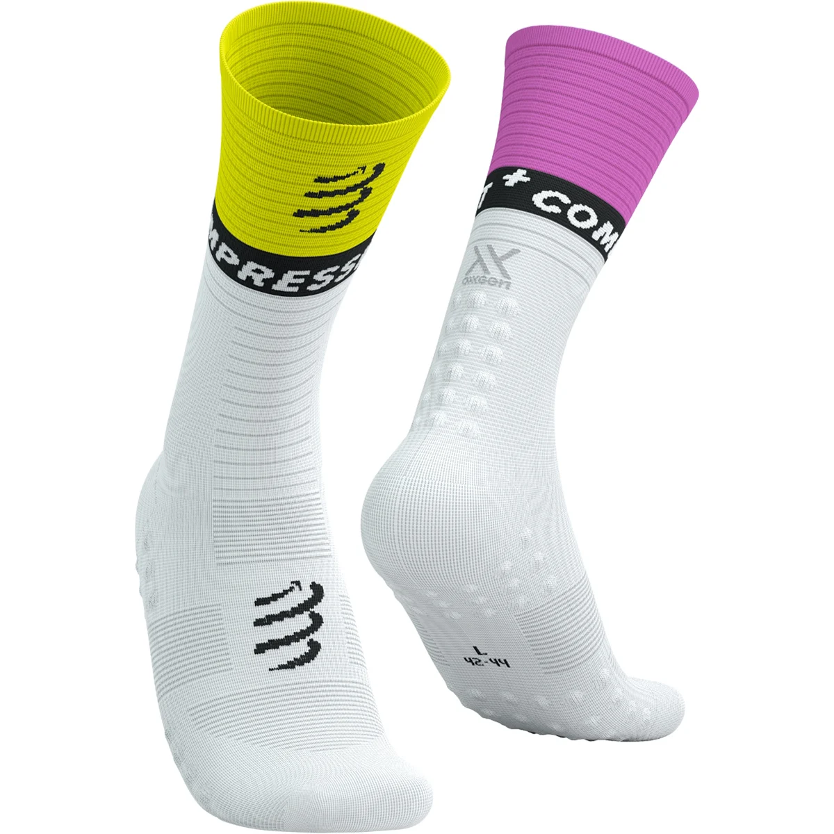 COMPRESSPORT MID COMPRESSION SOCKS V2.0 WHITE/SAFETY YELLOW/NEO PINK  - Compression socks