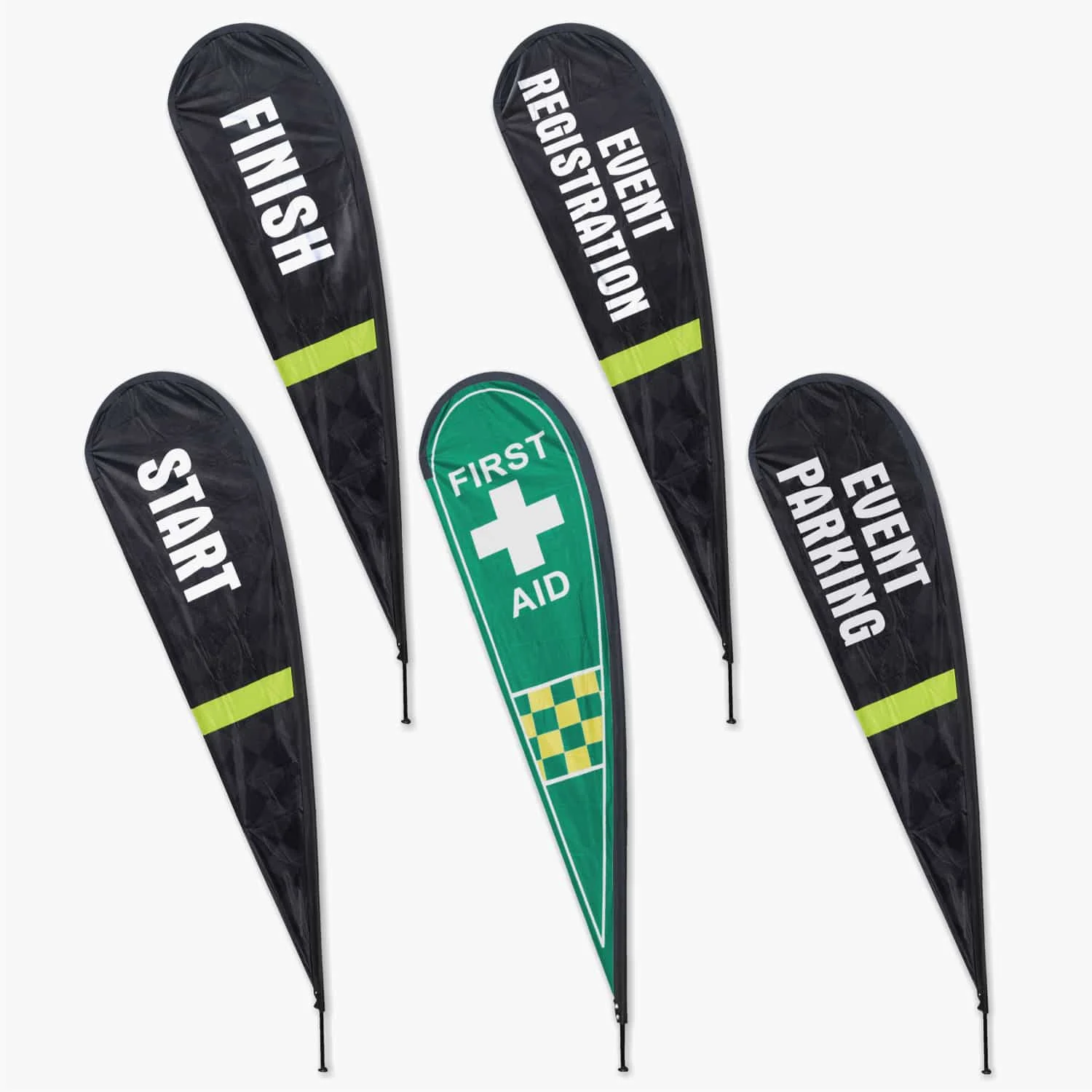 5 Pack of Race Event Teardrop Flags – START, FINISH, EVENT REGISTRATION, EVENT PARKING & FIRST AID